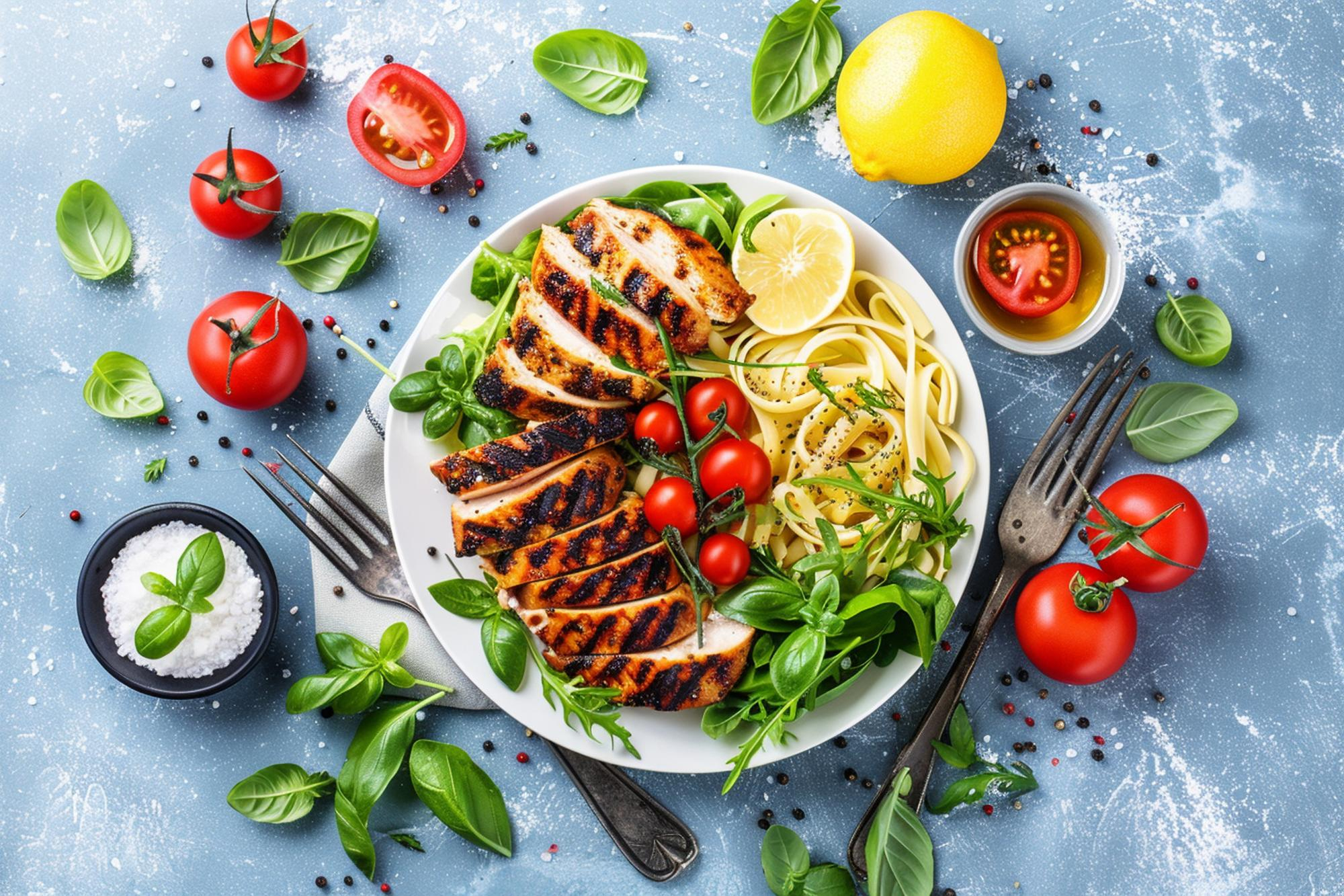 Balanced home-cooked table with grilled fish and colourful vegetables